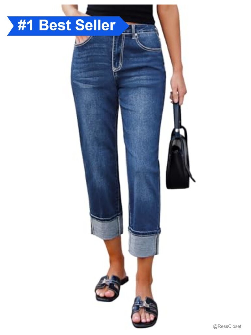 Cropped Straight Leg Jeans High Waisted Cuffed Hem Stretchy Boyfriend Denim